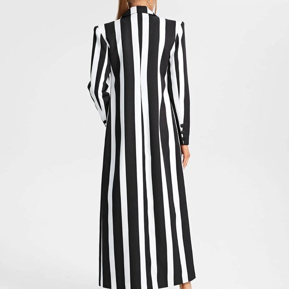 Black & White Boho Womens Striped Print Pocket Patched Longline Blazer - Picture 2 of 5